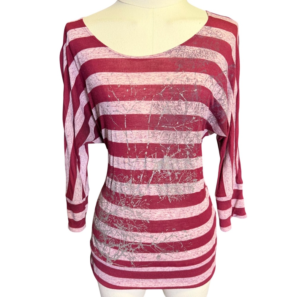 Mudd Graphic Tee Women Size L Burgundy Good Striped Vtg Scoop Neck Long Sleeve